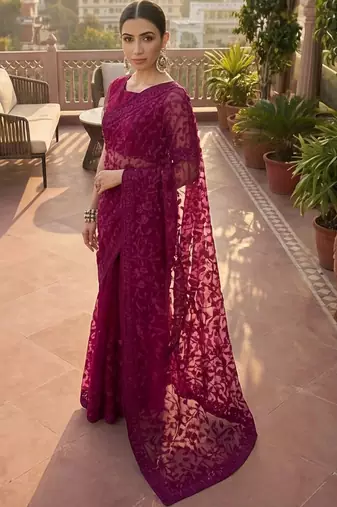 Purple embellished embroidered net designer saree