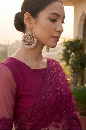 Purple embellished embroidered net designer saree