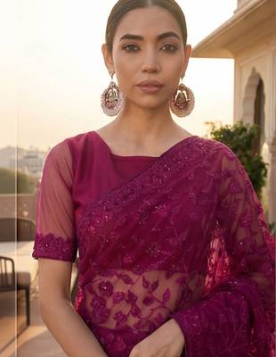 Purple embellished embroidered net designer saree 5