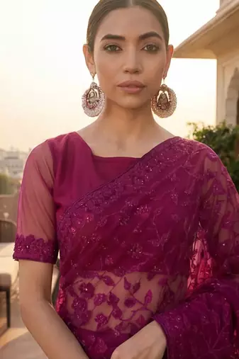 Purple embellished embroidered net designer saree