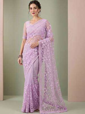 Lavender embellished embroidered net designer saree 1