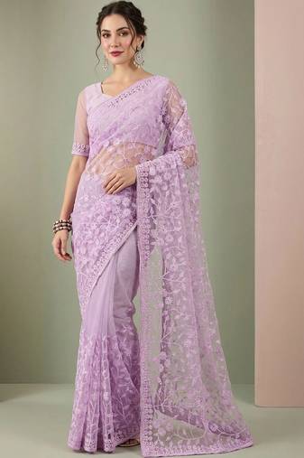 Lavender embellished embroidered net designer saree