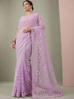 Lavender embellished embroidered net designer saree 2