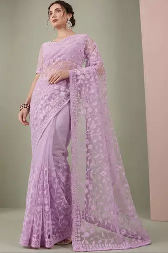 Lavender embellished embroidered net designer saree