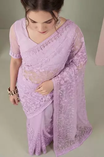 Lavender embellished embroidered net designer saree
