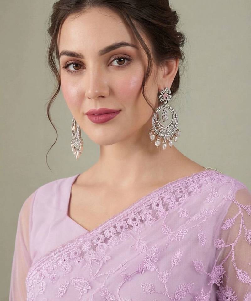 Lavender embellished embroidered net designer saree
