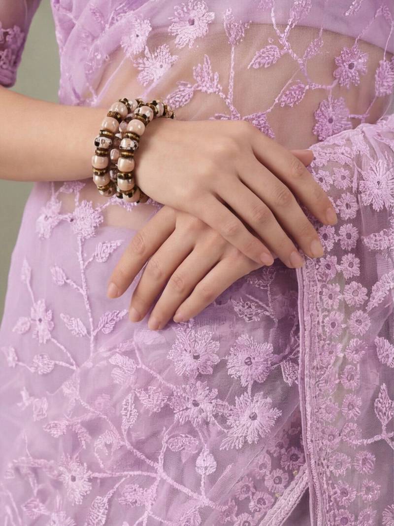 Lavender embellished embroidered net designer saree