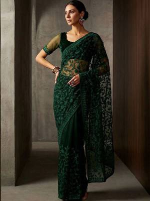 Green floral embroidered net designer saree 1