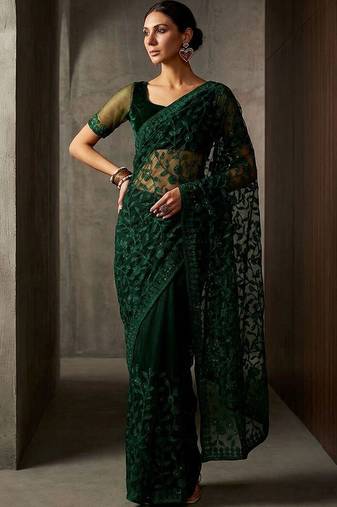 Green floral embroidered net designer saree