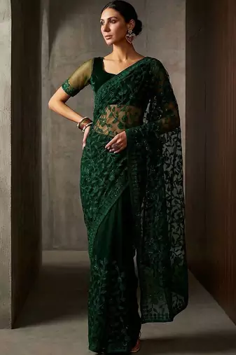 Green floral embroidered net designer saree