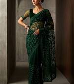 Green floral embroidered net designer saree