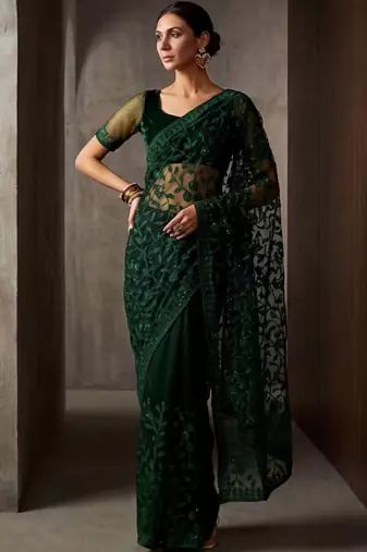 Green floral embroidered net designer saree