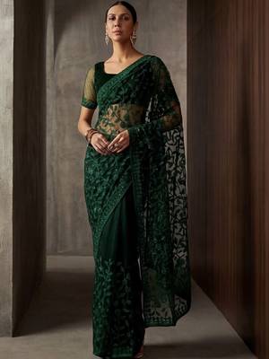 Green floral embroidered net designer saree 3