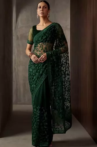 Green floral embroidered net designer saree