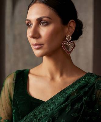 Green floral embroidered net designer saree 4