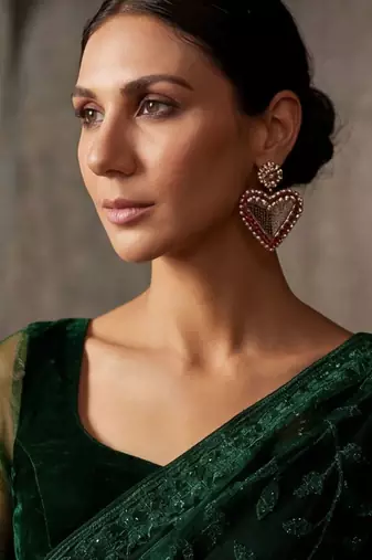 Green floral embroidered net designer saree