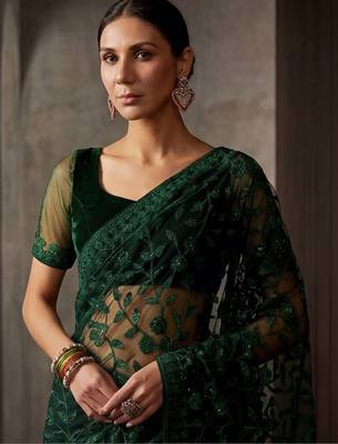 Green floral embroidered net designer saree 5
