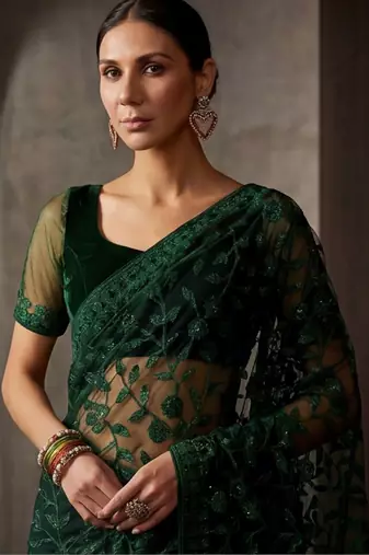 Green floral embroidered net designer saree