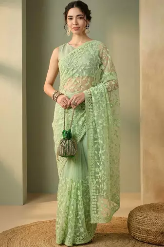 Lime floral embroidered net designer saree