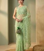 Lime floral embroidered net designer saree