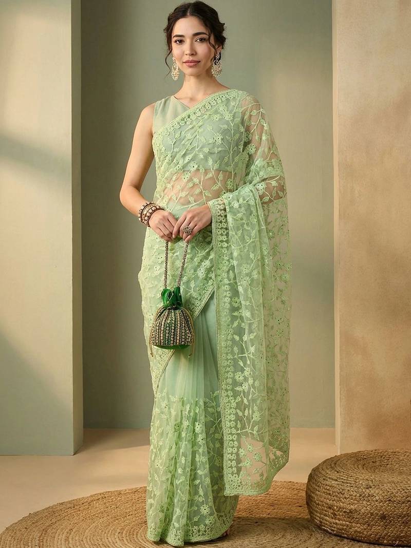 Lime floral embroidered net designer saree