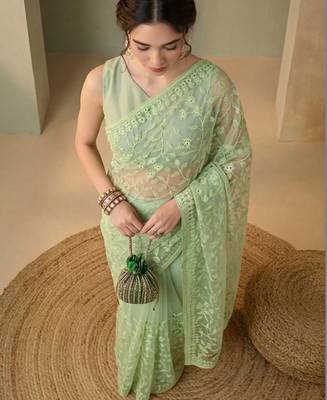 Lime floral embroidered net designer saree 2