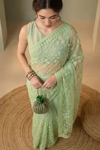 Lime floral embroidered net designer saree