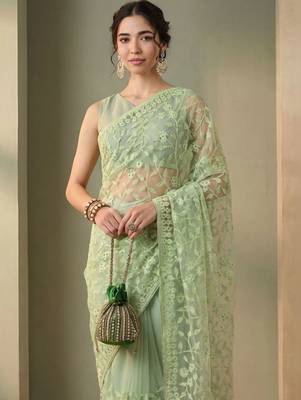 Lime floral embroidered net designer saree 3