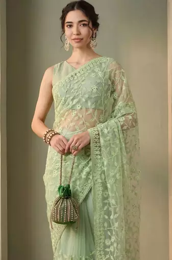 Lime floral embroidered net designer saree