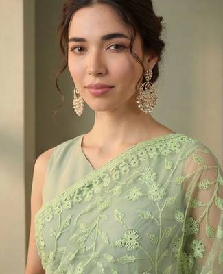 Lime floral embroidered net designer saree 4