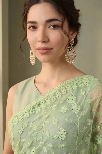 Lime floral embroidered net designer saree
