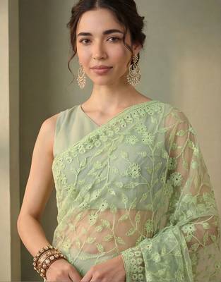 Lime floral embroidered net designer saree 5
