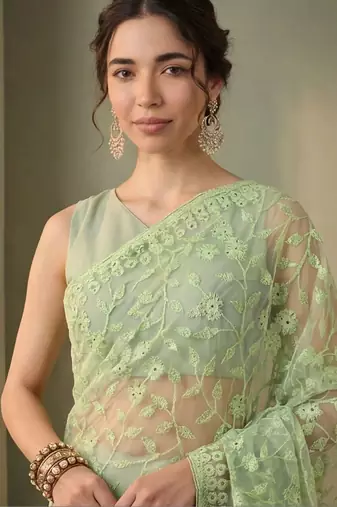 Lime floral embroidered net designer saree