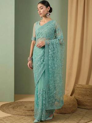 Sea green floral embroidered net designer saree 1