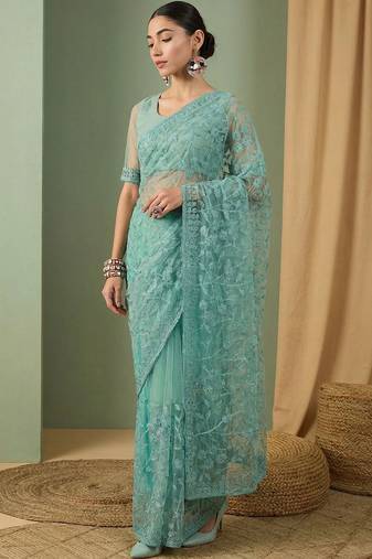 Sea green floral embroidered net designer saree