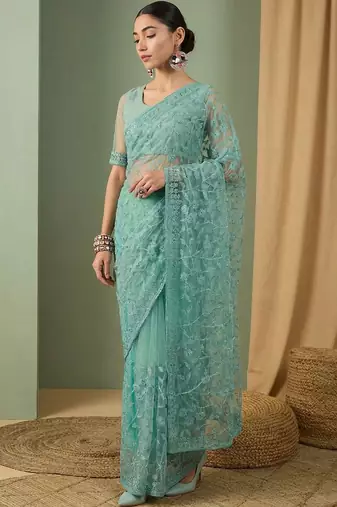Sea green floral embroidered net designer saree