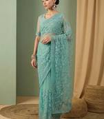 Sea green floral embroidered net designer saree