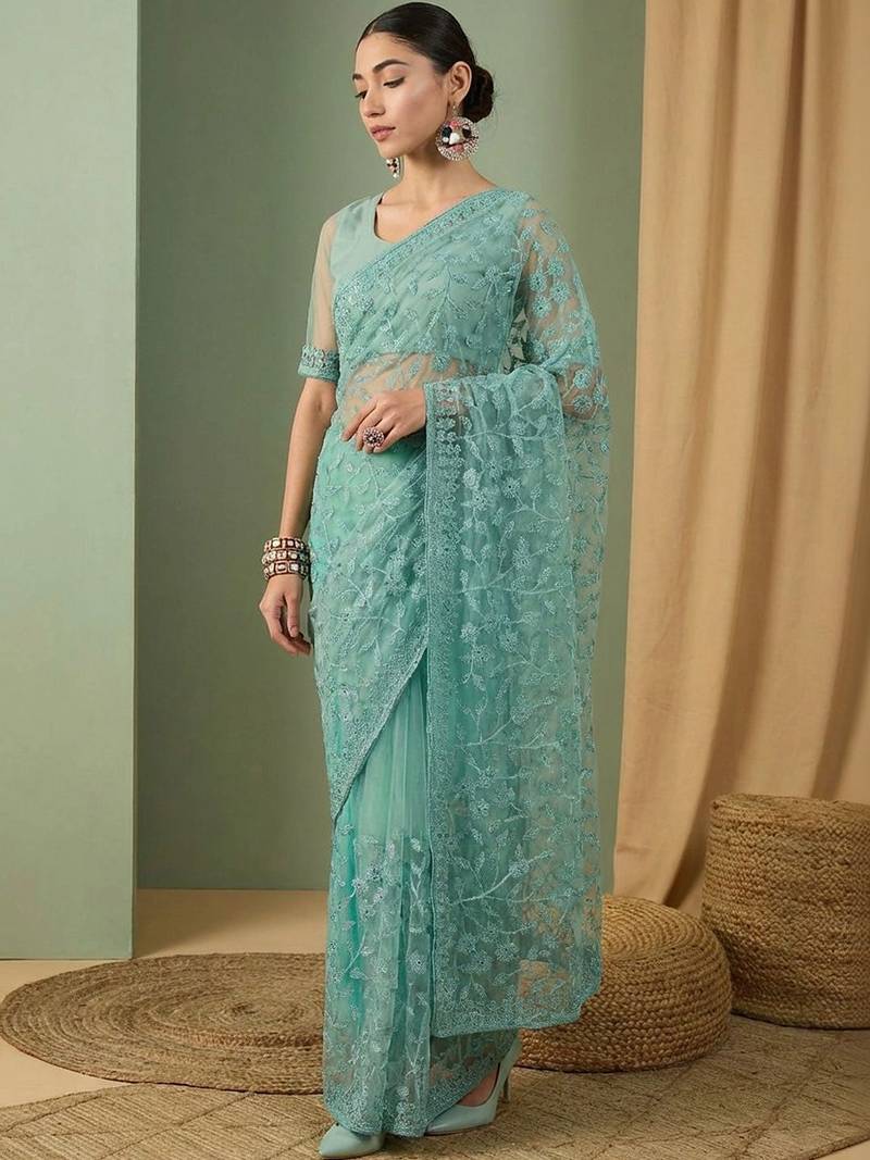 Sea green floral embroidered net designer saree