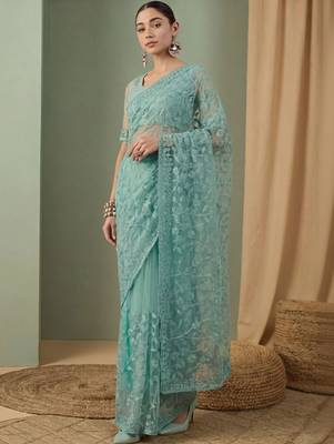 Sea green floral embroidered net designer saree 2