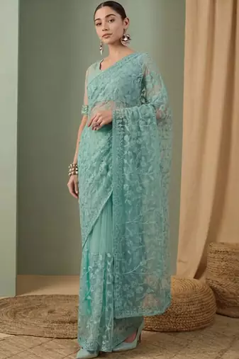 Sea green floral embroidered net designer saree