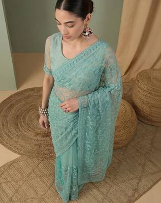 Sea green floral embroidered net designer saree 3