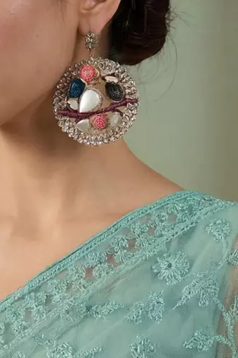 Sea green floral embroidered net designer saree