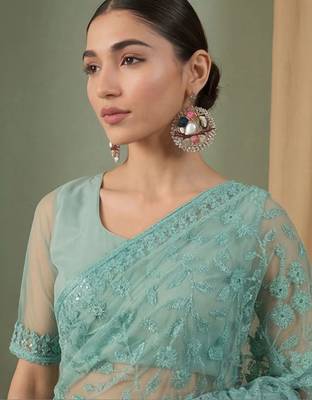 Sea green floral embroidered net designer saree 5