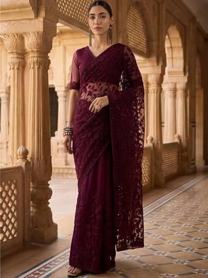 Burgundy floral embroidered net designer saree 1