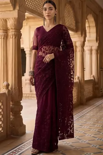 Burgundy floral embroidered net designer saree