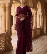 Burgundy floral embroidered net designer saree