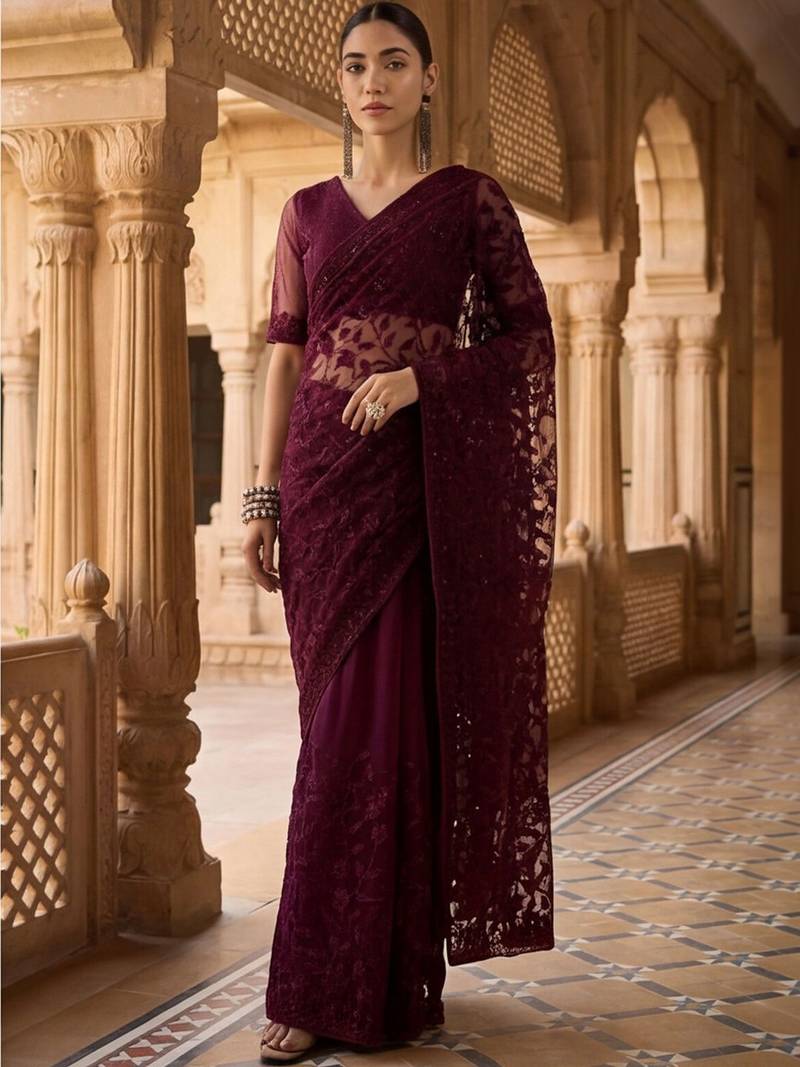 Burgundy floral embroidered net designer saree