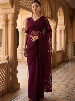 Burgundy floral embroidered net designer saree 2