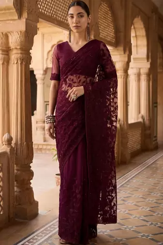 Burgundy floral embroidered net designer saree