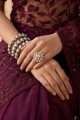 Burgundy floral embroidered net designer saree